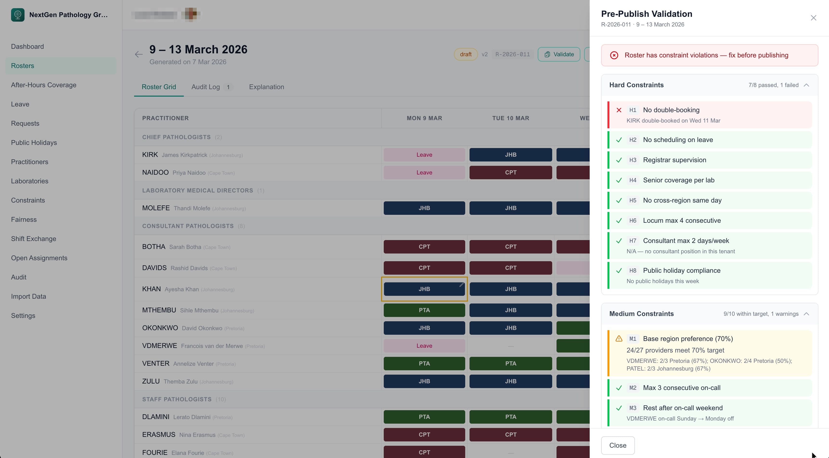 Validation panel showing constraint checks with pass/fail indicators
