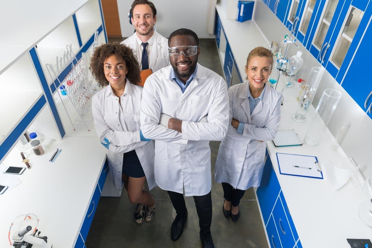 Confident pathology laboratory team in a modern diagnostic facility