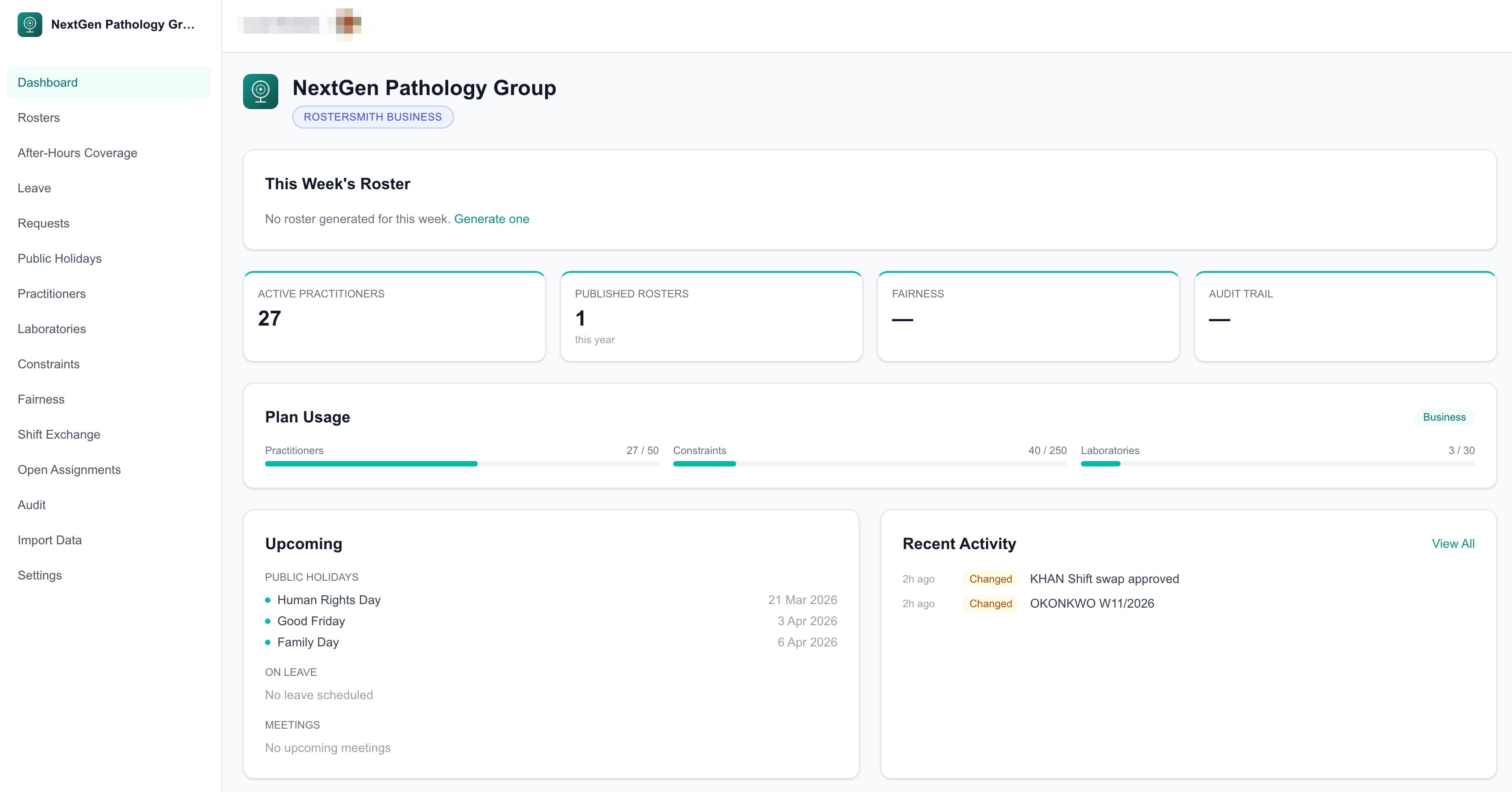 Rostersmith dashboard showing roster overview, plan usage and recent activity