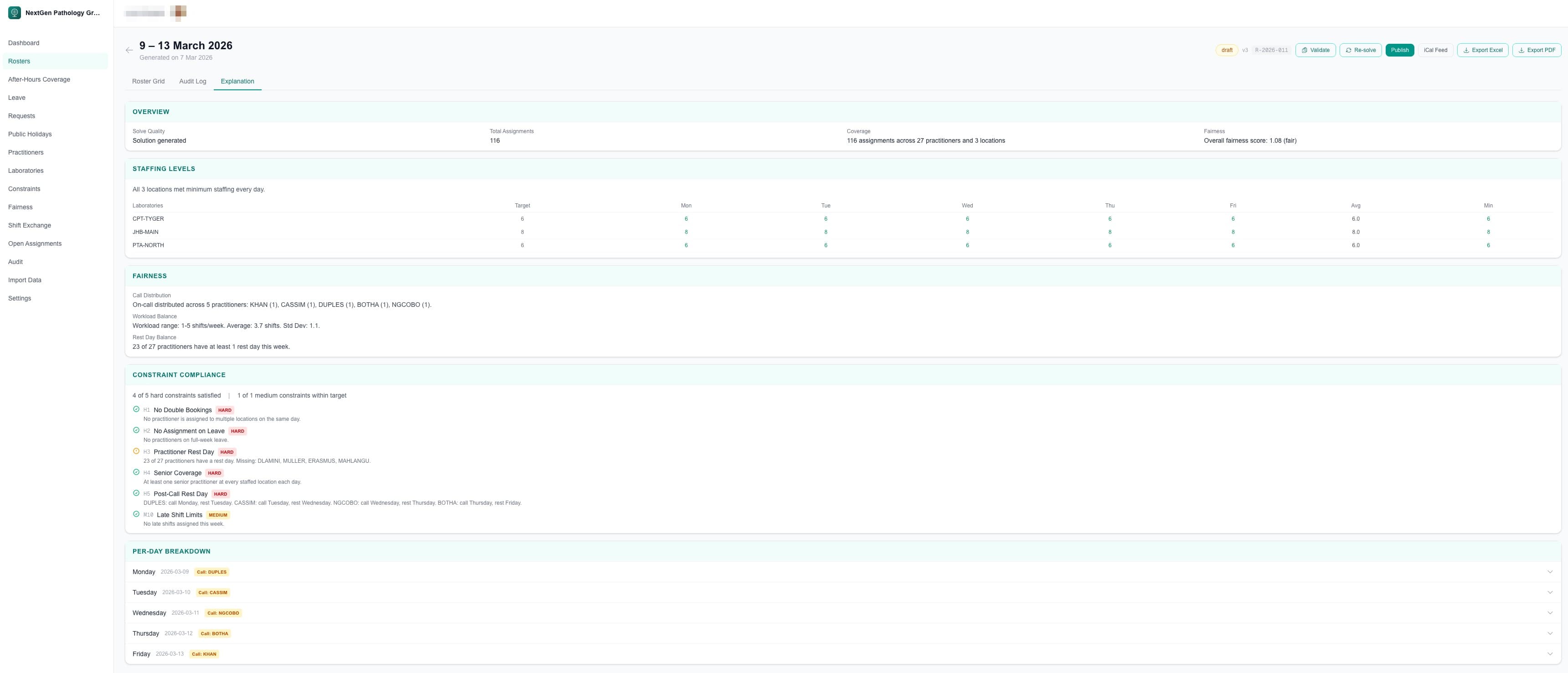 Administrator explanation tab with staffing analysis and constraint compliance