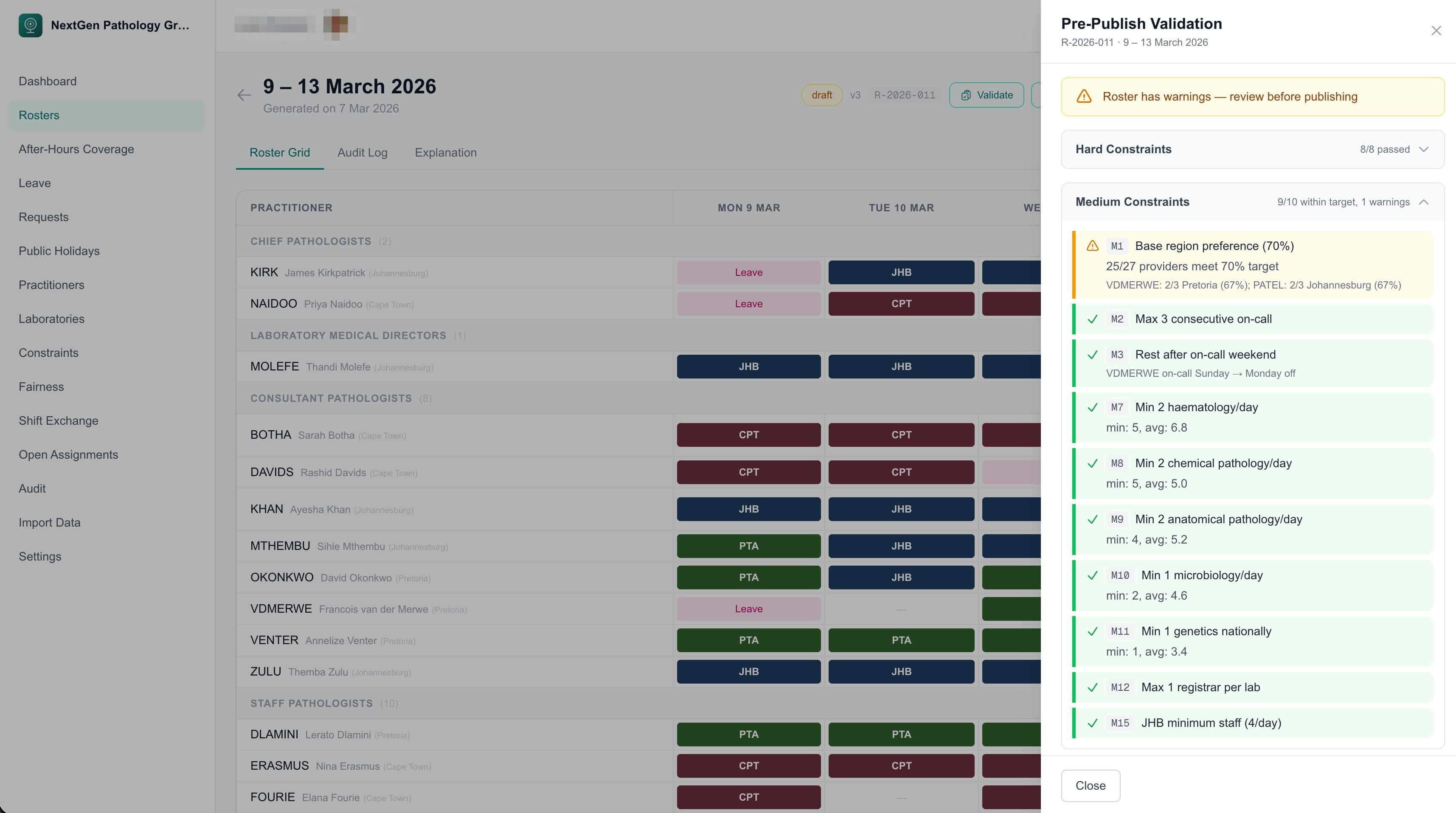 Validation report showing constraint compliance checks