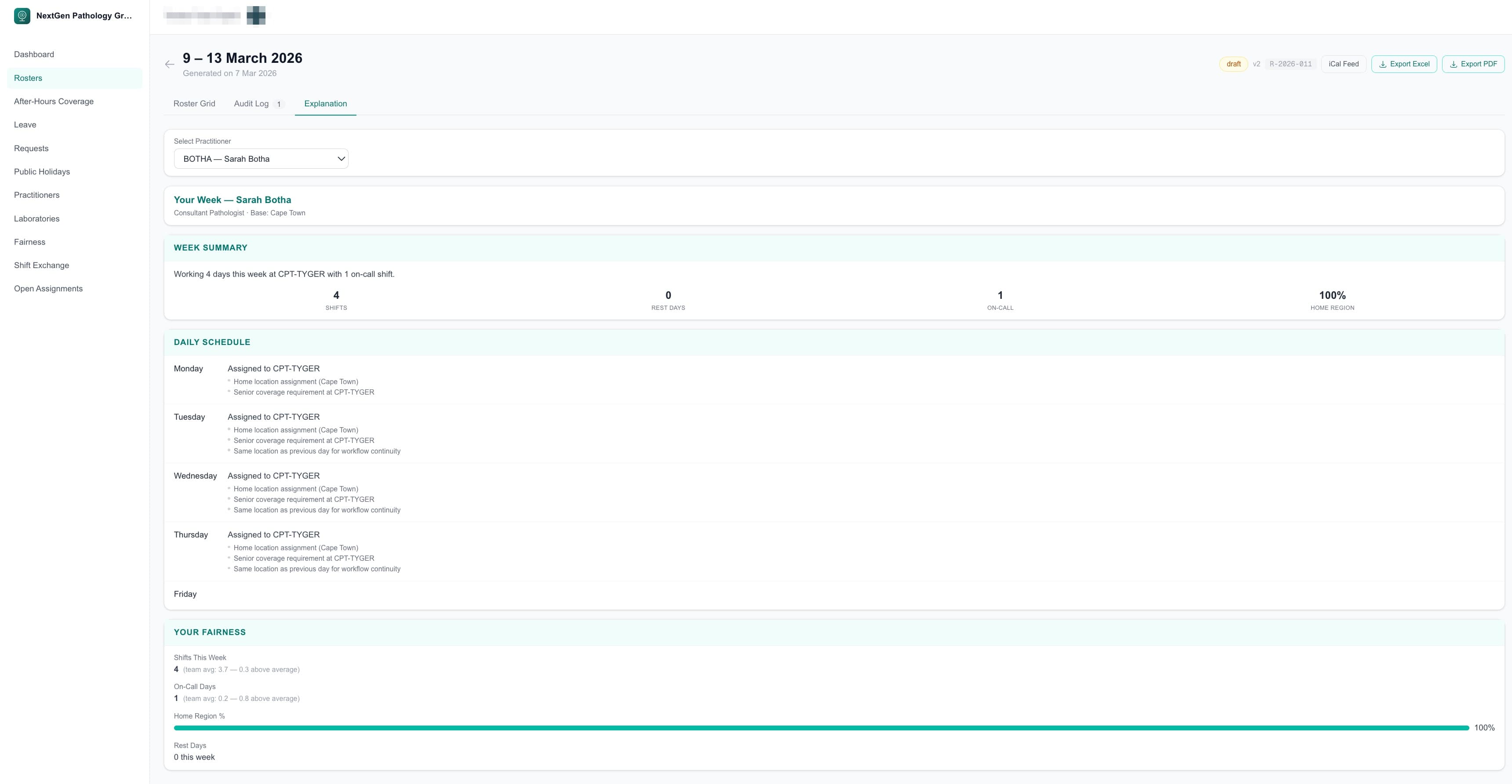 Practitioner explanation view showing personal weekly schedule with reasons