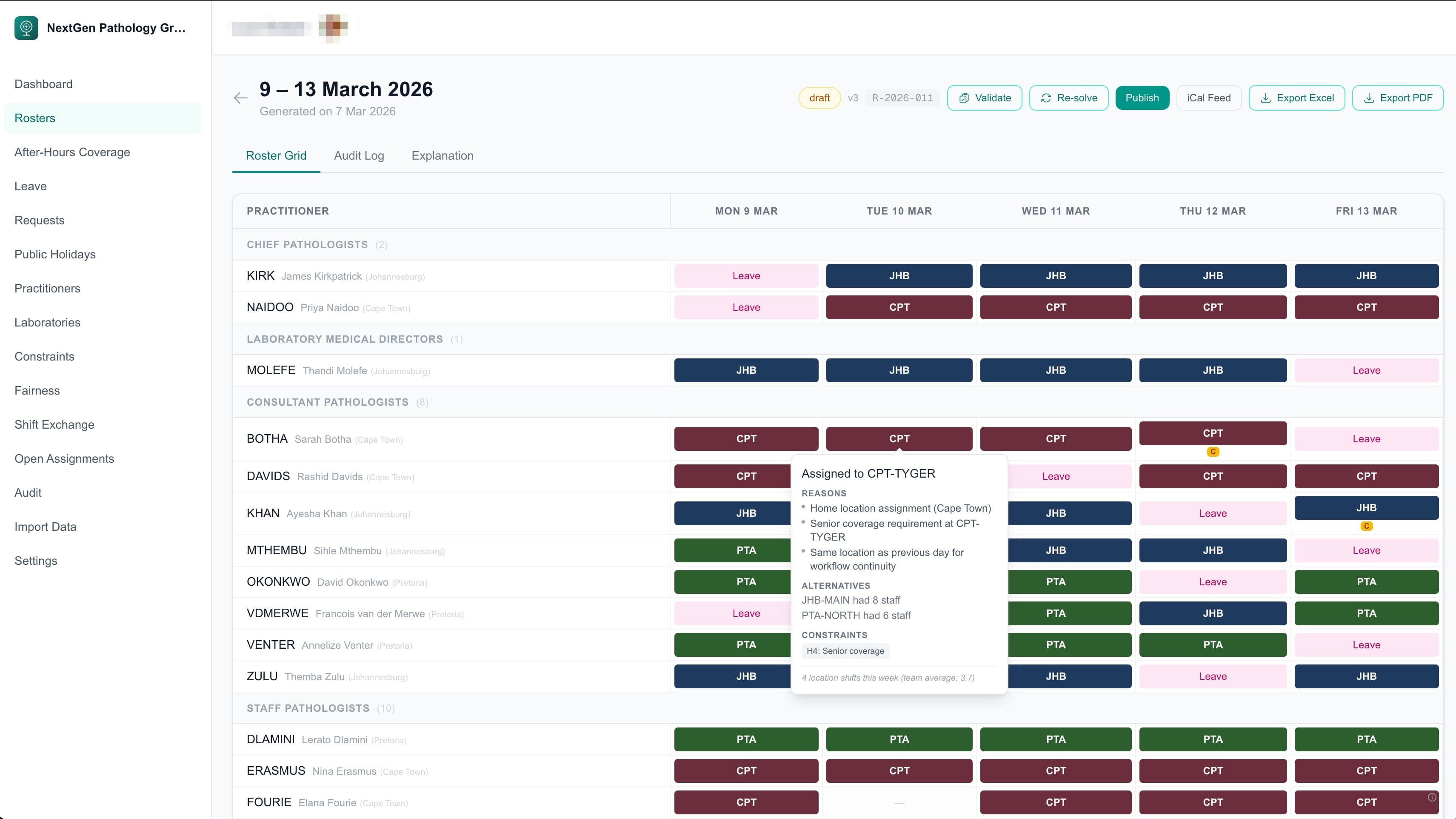 Cell popover showing assignment reasoning with constraints and alternatives