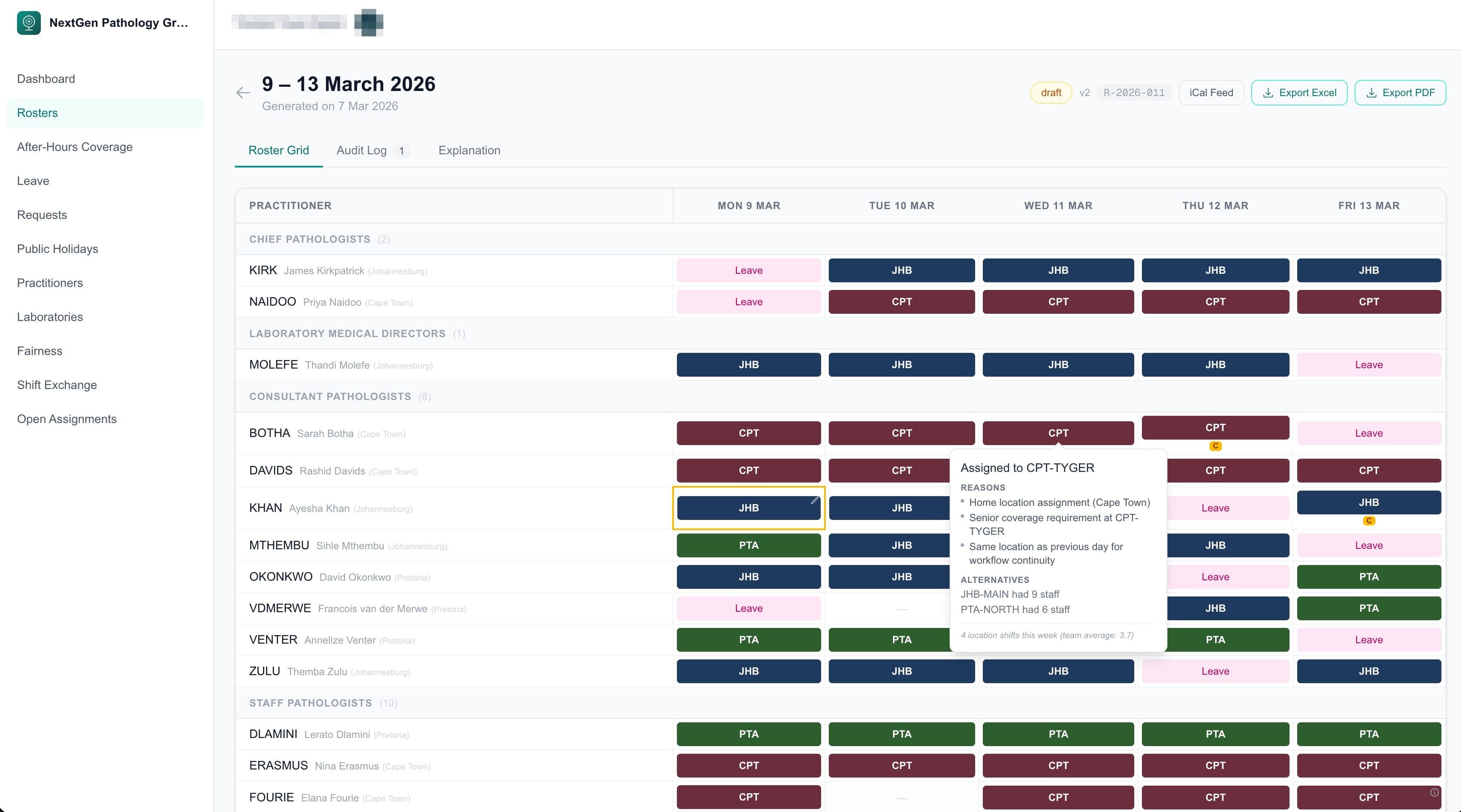 Practitioner cell popover showing plain-language assignment explanation