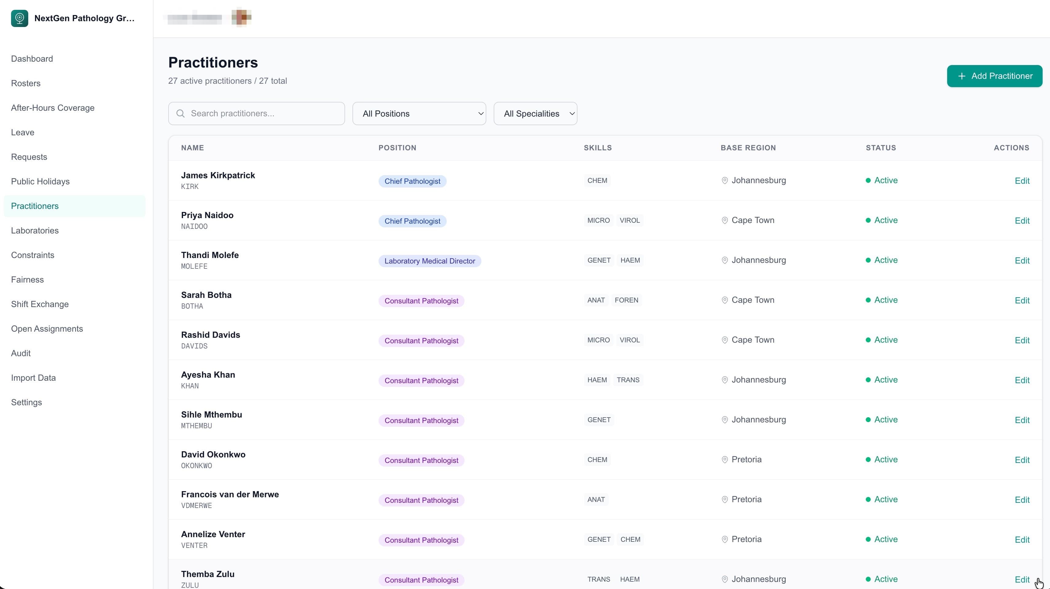 Administrator practitioner management table with positions and specialities