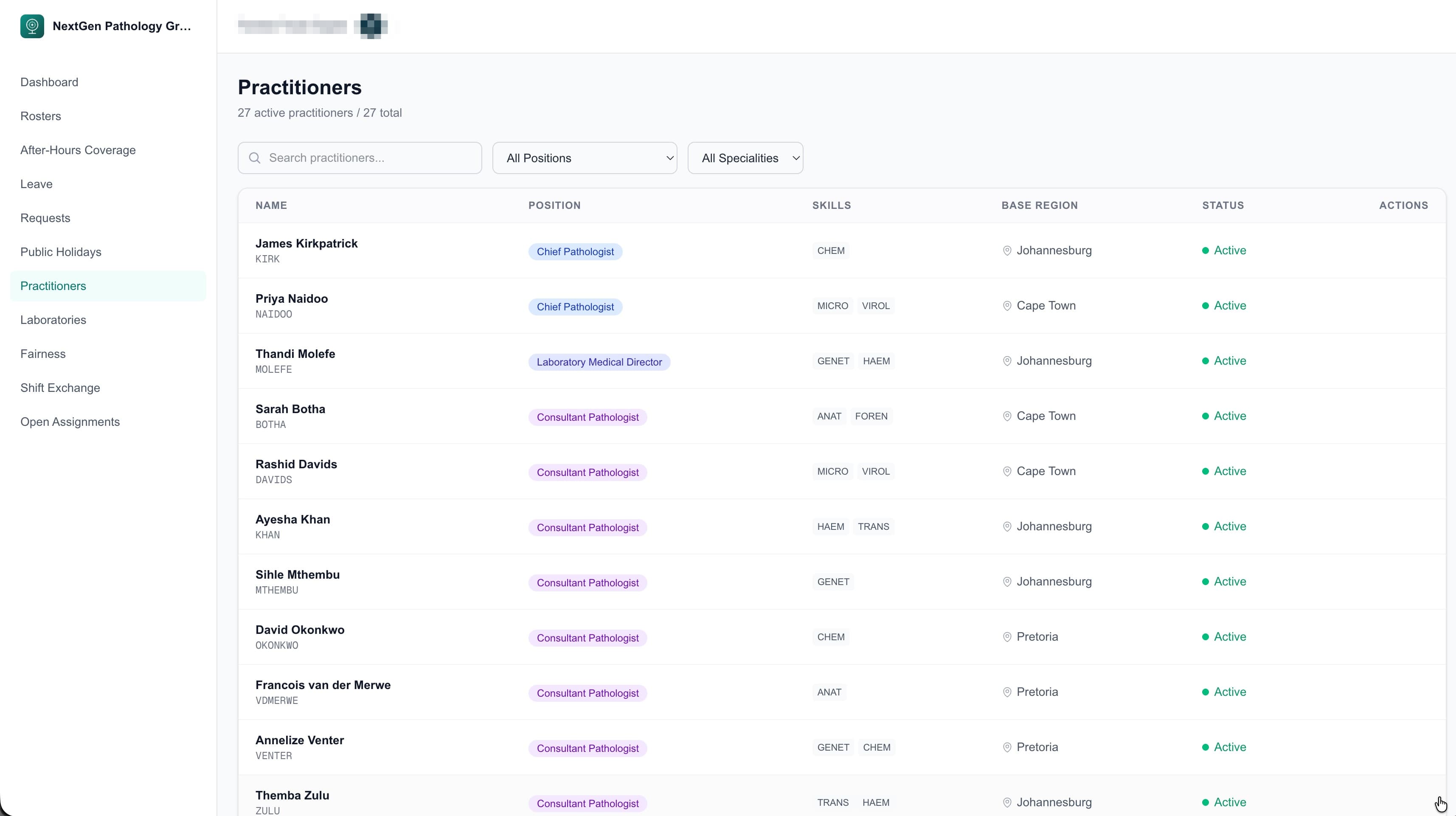 Practitioner read-only team directory showing colleague profiles