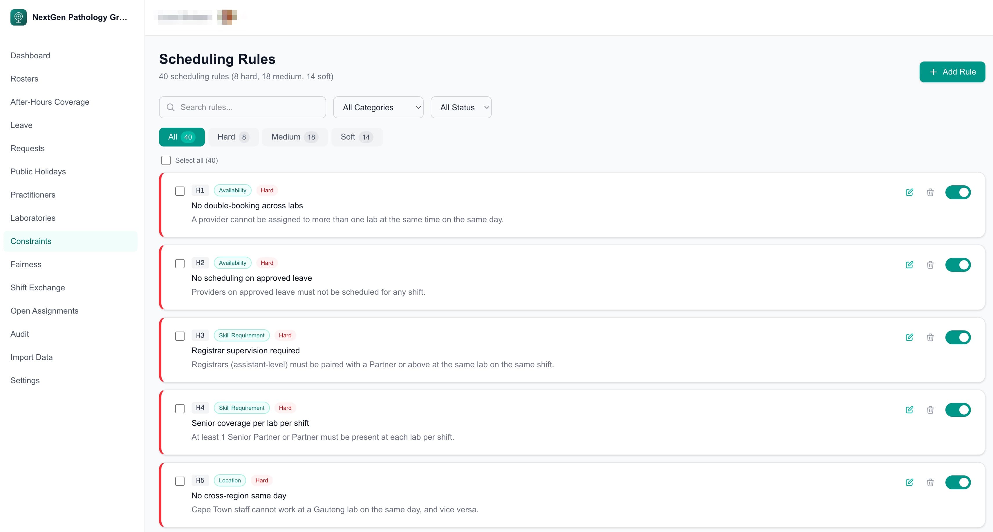 Constraints management dashboard showing scheduling rules with priority levels