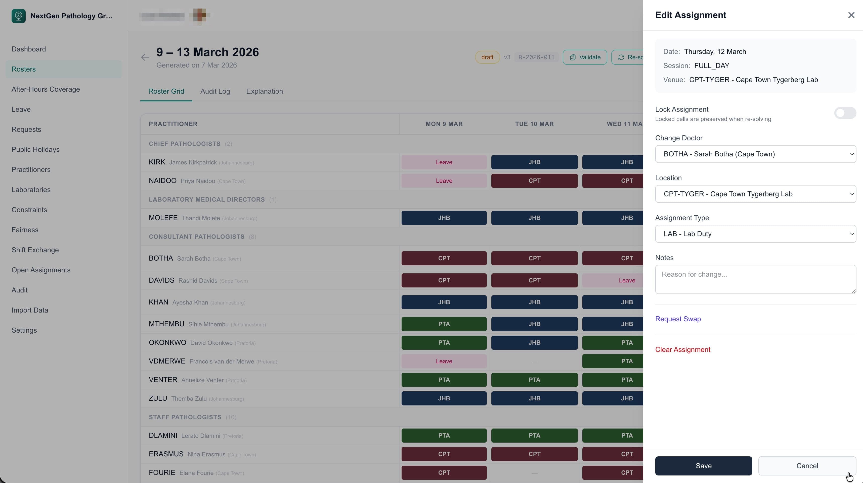 Cell editor slide-over panel showing assignment details with lock and swap options